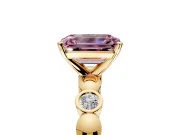 Solitaire Engagement Ring Setting for Fancy Pink Emerald Cut Center with Beaded Bezel Station Band and Prong Head in Yellow Gold