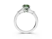 3 Stone Engagement Ring Setting for Fancy Green Cushion Cut Center with Channel Baguette Accents and Prong Head in White Gold