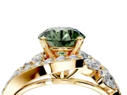 Halo Engagement Ring Setting for Fancy Green Round Cut Center with Marquise and Pave Bypass Band and Prong Head in Yellow Gold