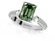 Solitaire Engagement Ring Setting for Fancy Green Emerald Cut Center with Multi-Row Accents and Prong Head in White Gold