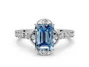 Floral Engagement Ring Setting for Fancy Blue Emerald Cut Center with Pave Band and Floral Prong Head in White Gold
