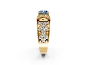 Pave Engagement Ring Setting for Fancy Blue Cushion Cut Center with Curved Accent Rows, Openwork and Prong Head in Yellow Gold