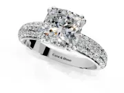 Solitaire Engagement Ring Setting for Cushion Cut Center with Multi-Row Pave Accents and Basket Head in Platinum