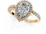 Accent Halo Engagement Ring Setting for Pear-Shaped Center with Full-Length Pave Band and Prong Head in Yellow Gold