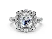 Milgrain Halo Engagement Ring Setting for Cushion Cut Center with Bezel Point Accents and Prong Head in White Gold