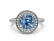 Milgrain Halo Engagement Ring Setting for Fancy Blue Round Cut Center with Three-Sided Pave Band and Prong Head in Sterling Silver