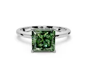Hidden Halo Engagement Ring Setting for Fancy Green Princess Cut Center with Thin Round-Wire Band and Prong Head in White Gold