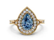 Halo Engagement Ring Setting for Fancy Blue Pear-Shaped Center with Milgrain Rim, Pave Band and Prong Head in Yellow Gold