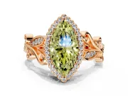 Halo Engagement Ring Setting for Fancy Yellow Marquise Center with Leaf Motif Split Shank and Prong Head in Rose Gold