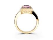 Halo Engagement Ring Setting for Fancy Pink Princess Cut Center with Heart-Shaped Openwork, Pave Band and Prong Head in Yellow Gold