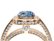 Halo Engagement Ring Setting for Fancy Blue Cushion Cut Center with Framed Halo, Pave Band and Prong Head in Rose Gold