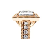 Milgrain Halo Engagement Ring Setting for Princess Cut Center with Pave Band and Prong Head in Rose Gold