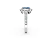 Halo Engagement Ring Setting for Fancy Blue Radiant Cut Center with Milgrain Channel Band and Prong Head in Sterling Silver