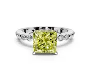 Solitaire Engagement Ring Setting for Fancy Yellow Princess Cut Center with Bezel-Dot Beaded Band and Prong Head in Sterling Silver