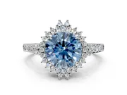 Sunburst Halo Engagement Ring Setting for Fancy Blue Round Cut Center with Pave Band and Prong Head in Sterling Silver