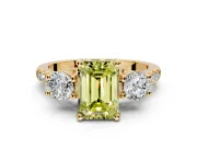 3 Stone Engagement Ring Setting for Fancy Yellow Emerald Cut Center with Crossover Basket, Pave Band and Prong Head in Yellow Gold