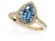 Halo Engagement Ring Setting for Fancy Blue Pear-Shaped Center with Pave Accents, Heart Basket and Prong Head in Yellow Gold