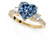 3 Stone Engagement Ring Setting for Fancy Blue Heart-Shaped Center with Round Cut Side Accents and Prong Head in Yellow Gold