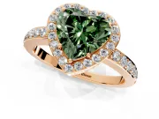 Halo Engagement Ring Setting for Fancy Green Heart-Shaped Center with Heart-Shaped Openwork, Pave Band and Prong Head in Rose Gold