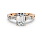 Bar-Set Engagement Ring Setting for Emerald Cut Center with Tapered Baguette Accents and Prong Head in Rose Gold