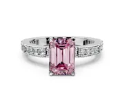 Solitaire Engagement Ring Setting for Fancy Pink Emerald Cut Center with Milgrain-Edged Pave Band and Prong Head in Platinum