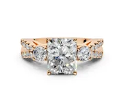 3 Stone Engagement Ring Setting for Radiant Cut Center with Pave Split Shank and Prong Head in Rose Gold