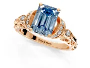 Solitaire Engagement Ring Setting for Fancy Blue Emerald Cut Center with Filigree Band and Prong Head in Rose Gold