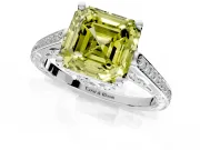 Cathedral Engagement Ring Setting for Fancy Yellow Asscher Cut Center with Antique-Style Pave Band and Prong Head in Platinum