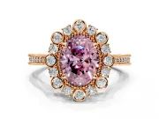 Milgrain Halo Engagement Ring Setting for Fancy Pink Oval Center with Bezel Point Accents and Prong Head in Rose Gold