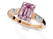 3 Stone Engagement Ring Setting for Fancy Pink Emerald Cut Center with Baguette Accents and Prong Head in Rose Gold