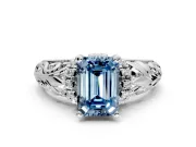 Solitaire Engagement Ring Setting for Fancy Blue Emerald Cut Center with Filigree Accent Basket and Prong Head in Platinum