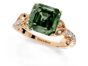 Leaf Motif Engagement Ring Setting for Fancy Green Asscher Cut Center with Pave Band and Prong Head in Rose Gold