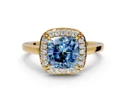 Halo Engagement Ring Setting for Fancy Blue Cushion Cut Center with Plain Tapered Band and Prong Head in Yellow Gold