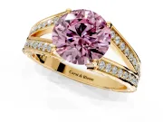 Split Shank Engagement Ring Setting for Fancy Pink Round Cut Center with Pave Split Shank and Prong Head in Yellow Gold