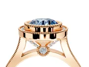 Halo Engagement Ring Setting for Fancy Blue Round Cut Center with Milgrain Frame, Pave Band and Prong Head in Rose Gold