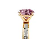 Solitaire Engagement Ring Setting for Fancy Pink Round Cut Center with Channel Baguette Band and Prong Head in Yellow Gold