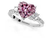 3 Stone Engagement Ring Setting for Fancy Pink Heart-Shaped Center with Round Cut Side Accents and Prong Head in Sterling Silver
