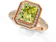 Milgrain Halo Engagement Ring Setting for Fancy Yellow Radiant Cut Center with Three-Sided Pave Band and Prong Head in Rose Gold
