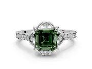 Floral Engagement Ring Setting for Fancy Green Asscher Cut Center with Pave Band and Floral Prong Head in Sterling Silver