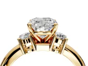 3 Stone Engagement Ring Setting for Cushion Cut Center with Wide Plain Band and Prong Head in Yellow Gold