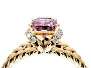 Halo Engagement Ring Setting for Fancy Pink Emerald Cut Center with Rope Twist Split Shank and Prong Head in Yellow Gold