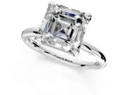 Low-Set Solitaire Engagement Ring Setting for Asscher Cut Center with Thin Plain Band and Prong Head in Platinum