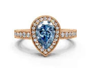 Milgrain Halo Engagement Ring Setting for Fancy Blue Pear-Shaped Center with Wide Pave Band and Prong Head in Rose Gold