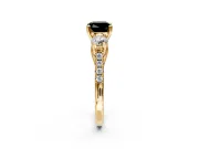 3 Stone Engagement Ring Setting for Fancy Black Cushion Cut Center with Crossover Basket, Pave Band and Prong Head in Yellow Gold