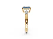 3 Stone Engagement Ring Setting for Fancy Blue Emerald Cut Center with Baguette Accents and Prong Head in Yellow Gold