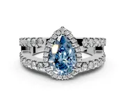 Halo Engagement Ring Setting for Fancy Blue Pear-Shaped Center with Wide-Open Pave Split Shank and Prong Head in Platinum
