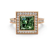 Halo Engagement Ring Setting for Fancy Green Princess Cut Center with Milgrain Pave Band and Bezel Head in Rose Gold