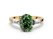 3 Stone Engagement Ring Setting for Fancy Green Oval Center with Baguette Accents and Prong Head in Yellow Gold