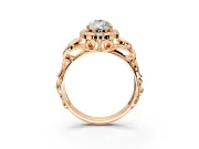Halo Engagement Ring Setting for Pear-Shaped Center with Open Scroll Shoulders and Prong Head in Rose Gold