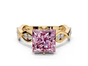 Solitaire Engagement Ring Setting for Fancy Pink Princess Cut Center with Accented Twist Band and Leaf Prong Head in Yellow Gold